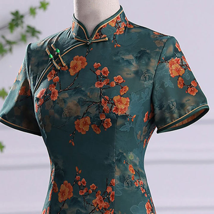 Vestido Cheongsam para mujer con estampado de plumas de peonía y flor de loto Retro con Buddha Stones - image 6