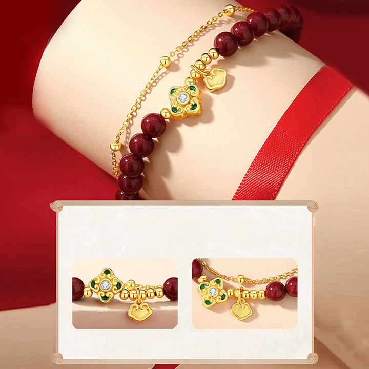 Pulsera de cadena de bendición de flores de trébol de cuatro hojas de cinabrio natural de plata de ley 925 con Buddha Stones