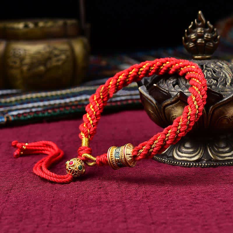 Pulsera de cuerda tejida con dije de rueda de oración Thangka de la suerte hecha a mano tibetana con Buddha Stones