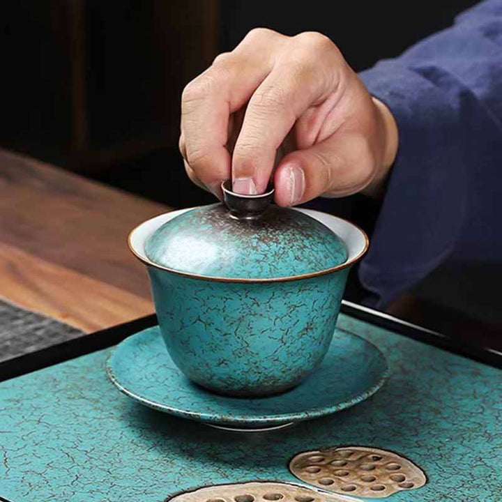 Taza de té y platillo con tapa, Gaiwan Sancai de cerámica verde, pino tradicional, Buddha Stones , Kung Fu