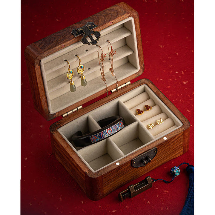 Caja de almacenamiento de joyería de palisandro con estampado floral hecha a mano retro, caja organizadora de regalo de madera con cerradura