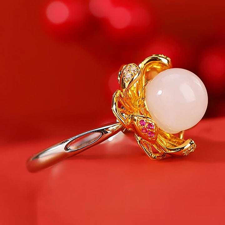 Anillo de éxito de flor de loto de jade cian blanco de plata de ley 925