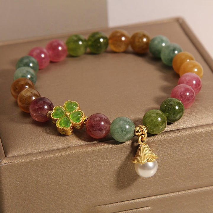 Pulsera de la sabiduría de la flor del trébol de cuatro hojas de la turmalina colorida de las Buddha Stones