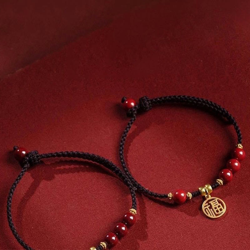 Pulsera de hilo trenzado con cuentas de cinabrio y Buddha Stones , abalorio con carácter Fu