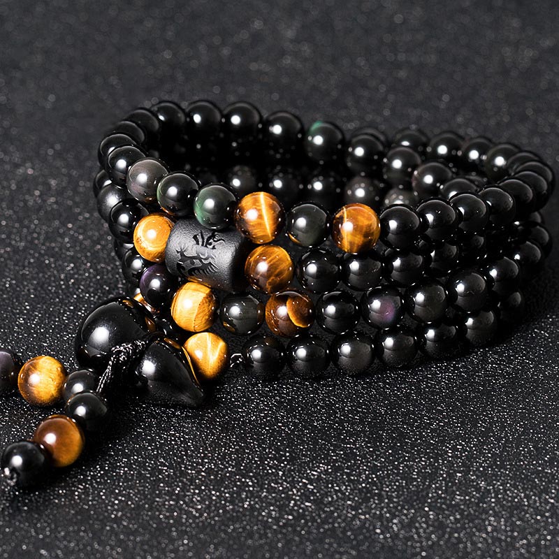 Pulsera de bendición de calabaza de obsidiana arcoíris de obsidiana negra natural con Buddha Stones Mala