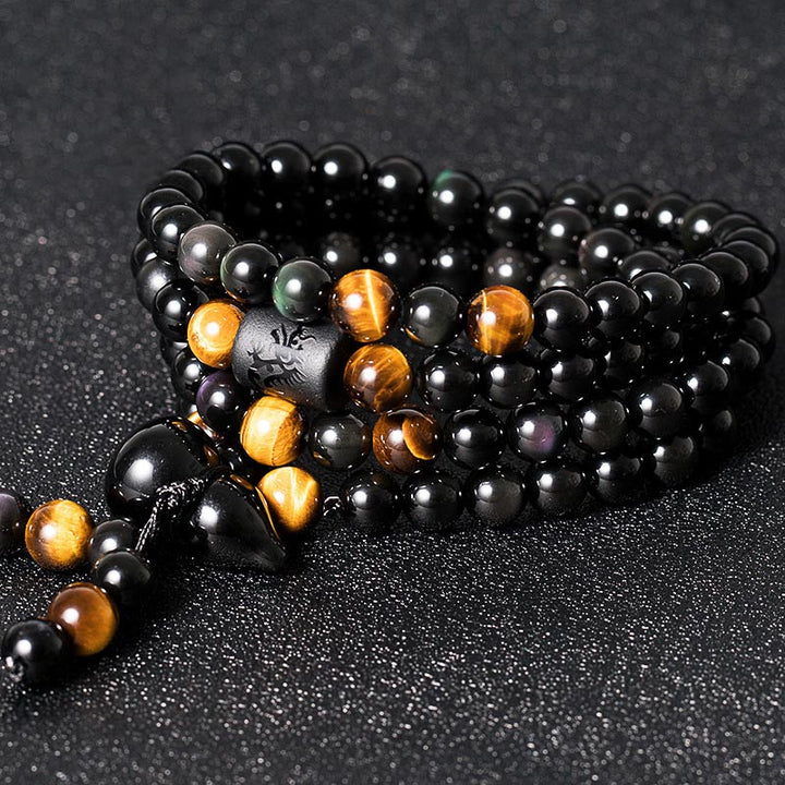 Pulsera de bendición de calabaza de obsidiana arcoíris de obsidiana negra natural con Buddha Stones Mala