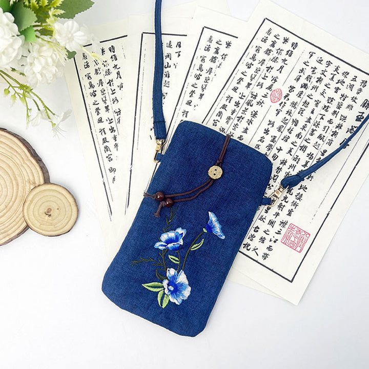 Buddha Stones, pequeñas flores bordadas, bolso de hombro, bolso para teléfono móvil, 11*20cm