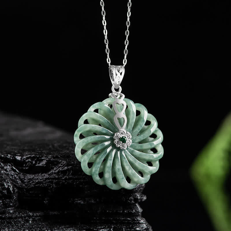 Collar con colgante de plata de ley 925 con Buddha Stones, jade redondo natural, hebilla de la paz, abundancia