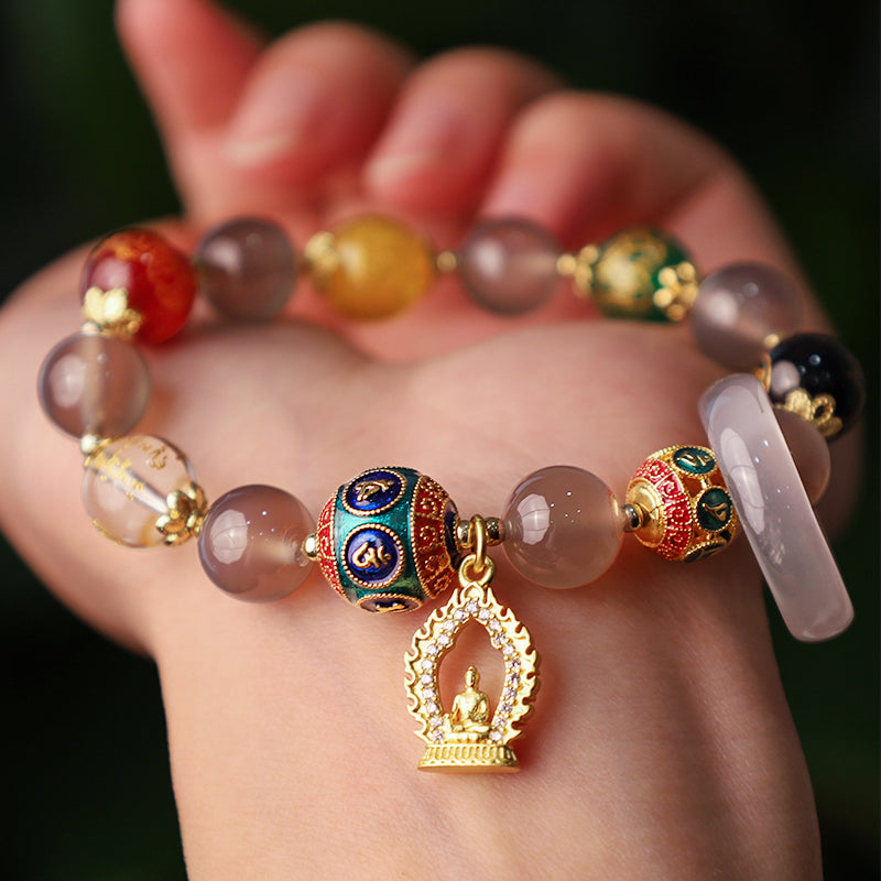 Buddha Stones Ágata gris natural Cinco direcciones Dioses de la riqueza Om Mani Padme Hum Pulsera con dijes de Buda