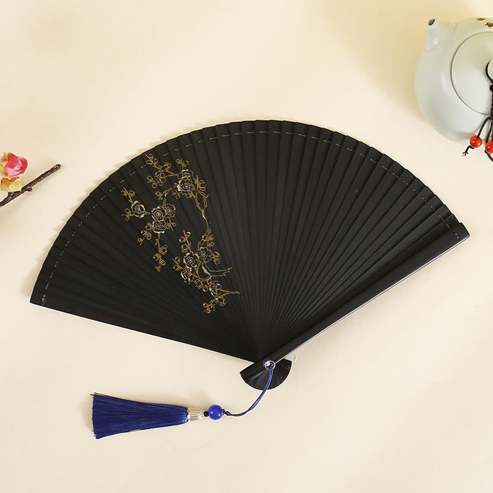 Abanico plegable de bambú de mano con Buddha Stones, flor de hibisco, flor de ciruelo