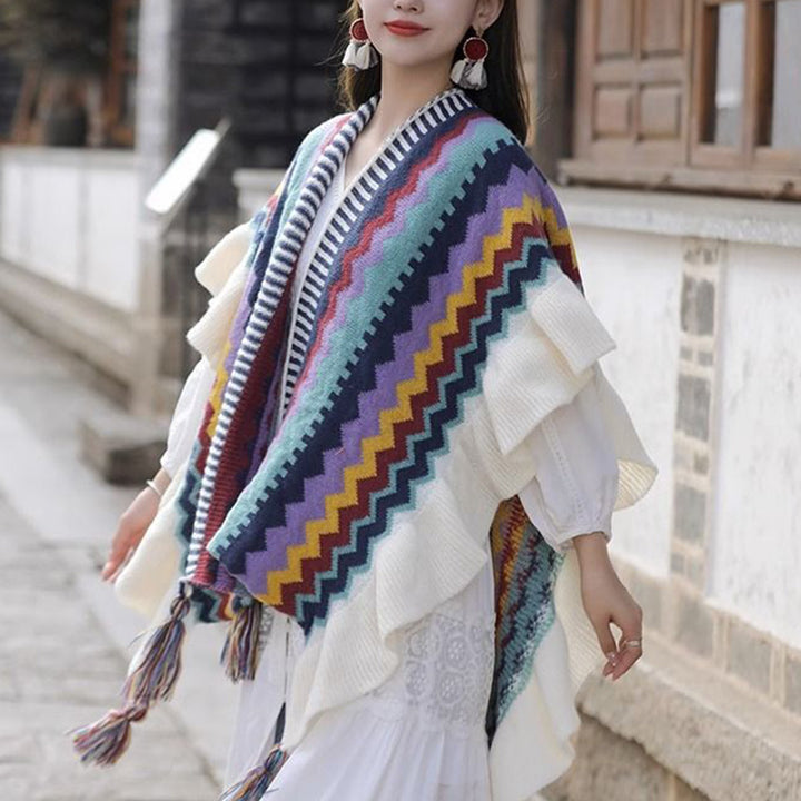 Mantón tibetano de Buddha Stones, bufanda de viaje acogedora de invierno con borlas de línea ondulada a rayas coloridas