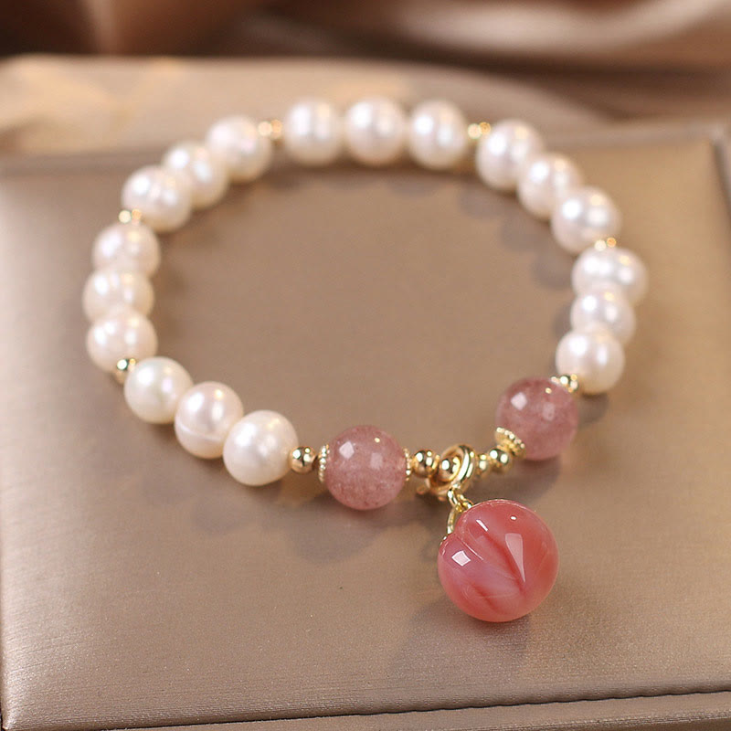 Pulsera con dije de sabiduría de corazón de amor de melocotón de cuarzo de fresa de perlas naturales de Buddha Stones