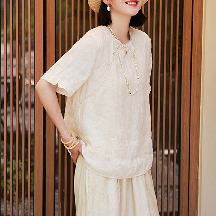 Blusa suelta de lino de ramio con Buddha Stones , camisa de manga corta, Top de estilo chino
