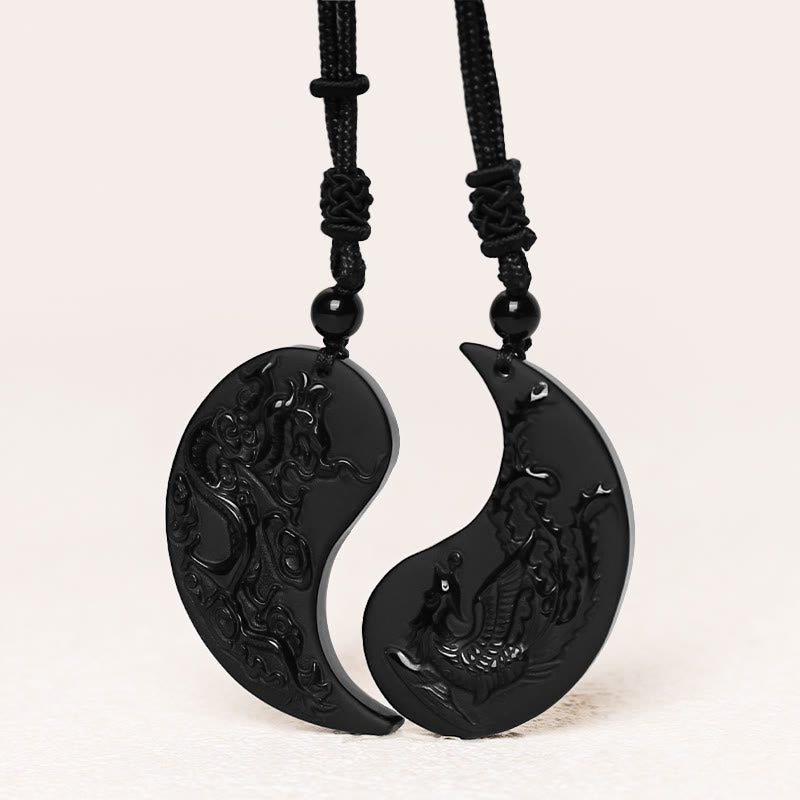 Buddha Stones Obsidiana Negra Yin Yang Dragón Fénix Suerte Collar Colgante - image 2