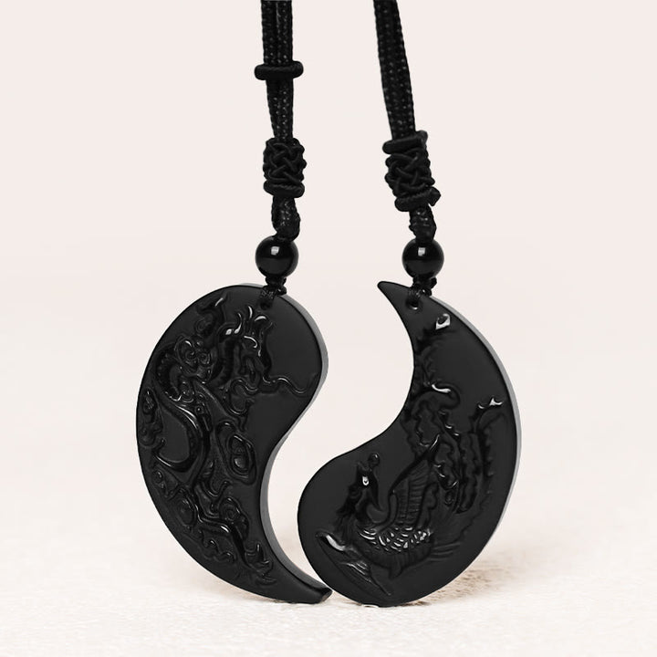 Buddha Stones Obsidiana Negra Yin Yang Dragón Fénix Suerte Collar Colgante - image 2