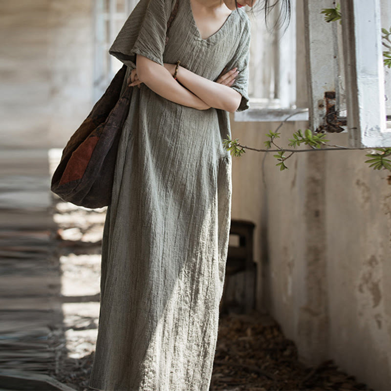 Vestido midi con cuello en V y teñido anudado hecho a mano con Buddha Stones Vestido de manga corta de lino