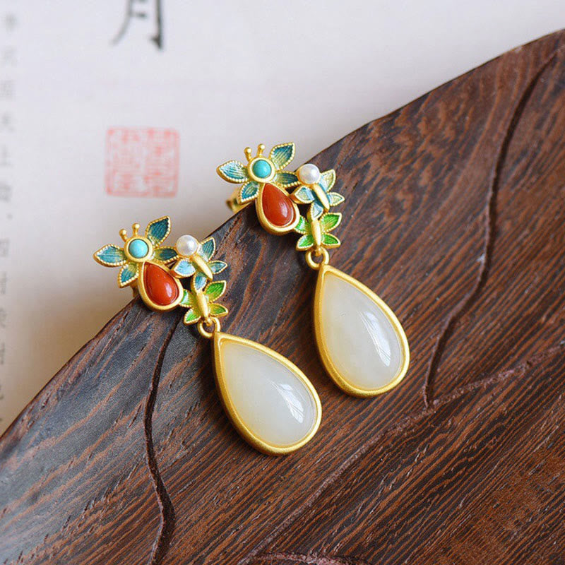 Pendientes colgantes con forma de gota de agua , Buddha Stones , Jade blanco, ágata roja, mariposa