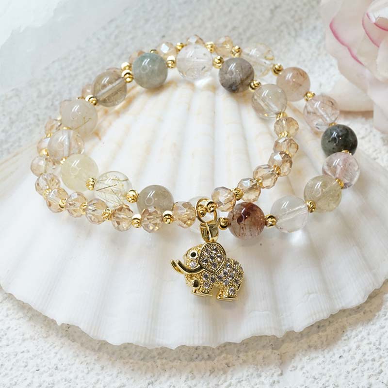 Pulsera con dijes de energía curativa de elefante de cuarzo rosa con Buddha Stones