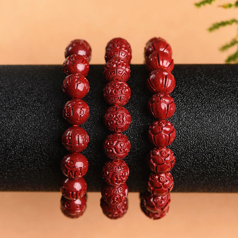 Pulsera de bendición de loto con patrón de traste Om Mani Padme Hum de cinabrio Natural con Buddha Stones