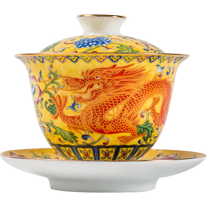 Taza de té de cerámica con diseño de flor de Fénix y dragón, Buddha Stones , Gaiwan Sancai, taza de té de Kung Fu y platillo con tapa
