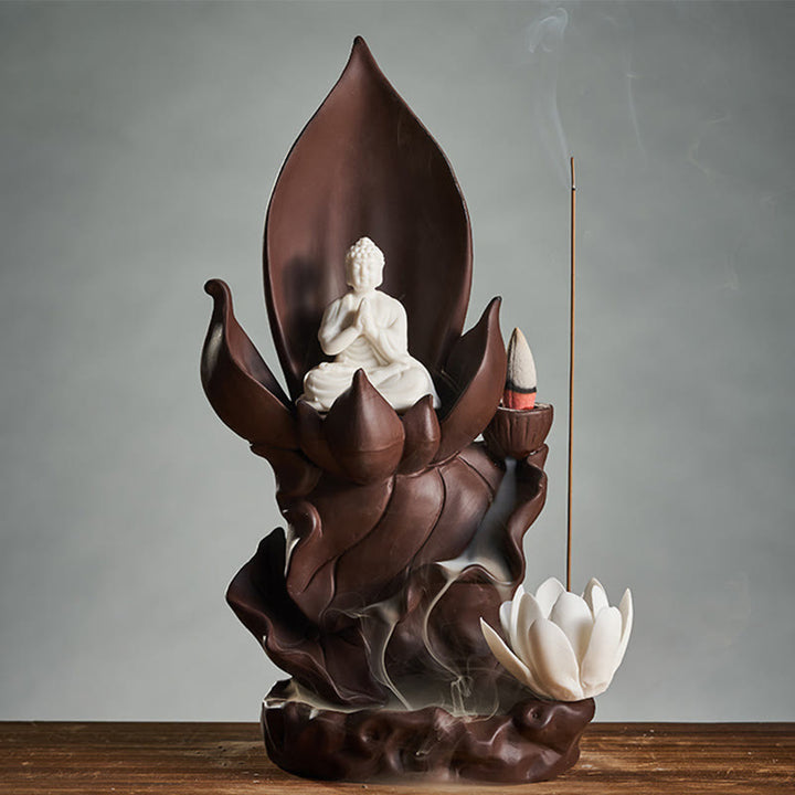 Quemador de incienso de arcilla púrpura, iluminación, Buddha Stones de loto, Avalokitesvara, decoración