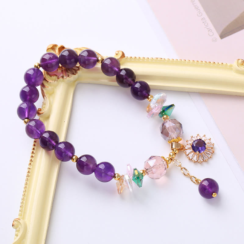 Pulsera con dije espiritual curativo del sol con circonita y amatista natural