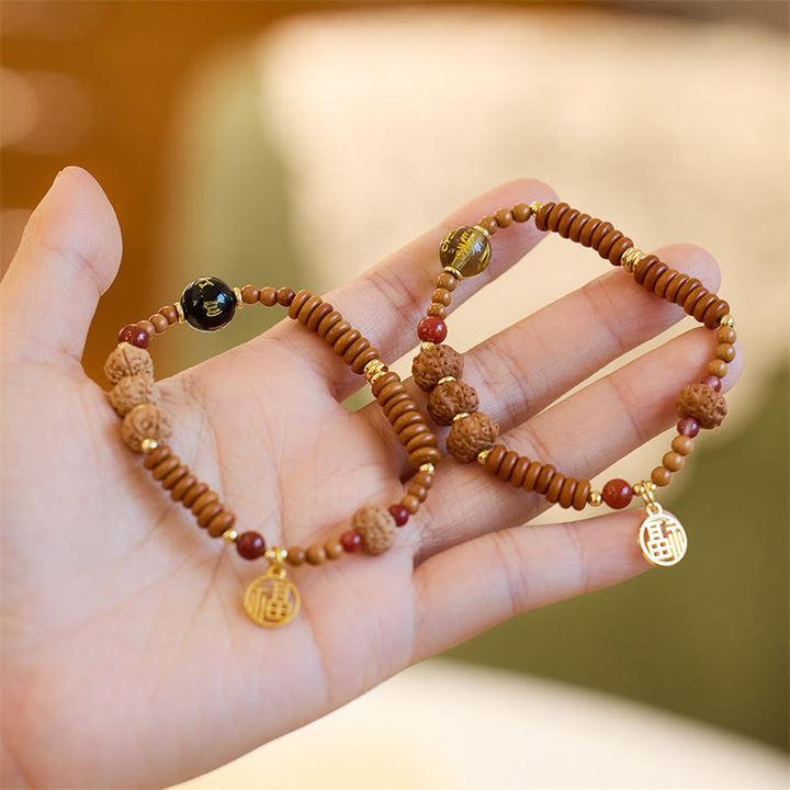 Buddha Stones, semilla tibetana de Bodhi, ónix negro, cuarzo ahumado, Om Mani Padme Hum Fu, pulsera de riqueza con carácter