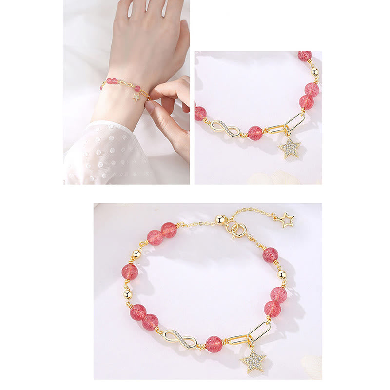 Buddha Stones chapadas en oro de 14 quilates, cuarzo fresa natural, piedra lunar, lazo de Möbius, pulsera positiva con estrella de amor eterno