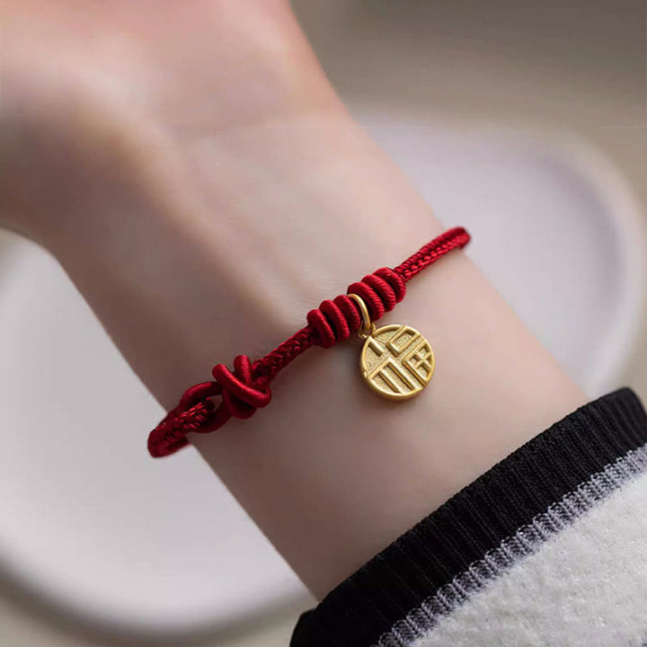 Pulsera de cuerda roja hecha a mano con Buddha Stones, ocho hilos, nudo de la paz, personaje Fu, suerte, felicidad