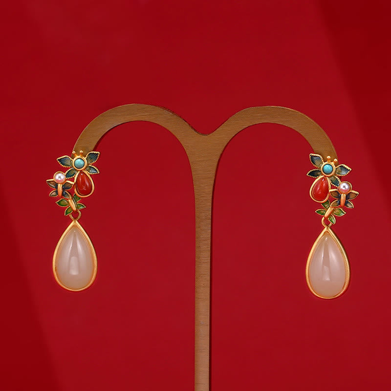 Pendientes colgantes con forma de gota de agua , Buddha Stones , Jade blanco, ágata roja, mariposa
