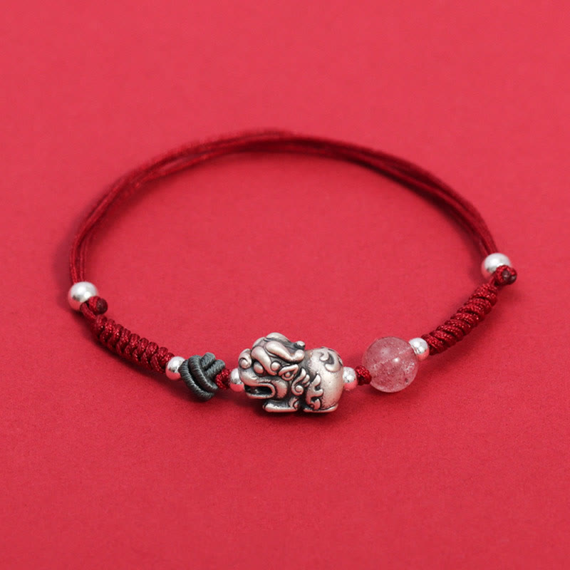 Pulsera trenzada de plata de ley 999 con Buddha Stones PiXiu, cuentas de cuarzo fresa, riqueza y suerte