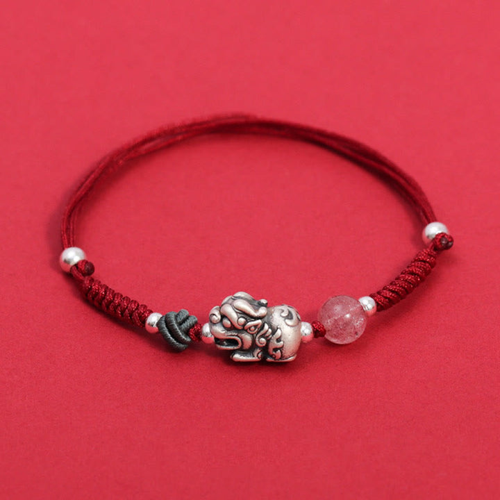 Pulsera trenzada de plata de ley 999 con Buddha Stones PiXiu, cuentas de cuarzo fresa, riqueza y suerte