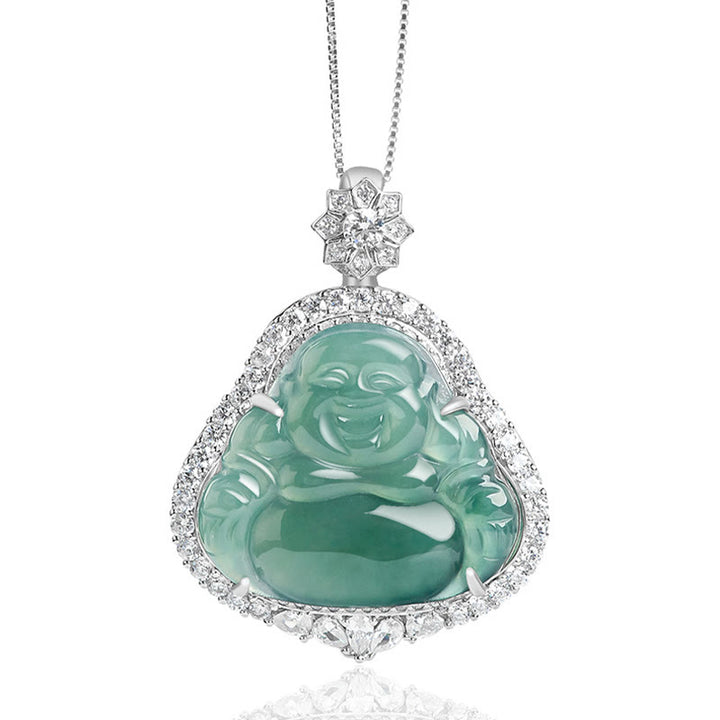 Colgante de cadena de plata de ley 925 con Buddha Stones , Buda sonriente, jade natural, suerte, abundancia - image 5
