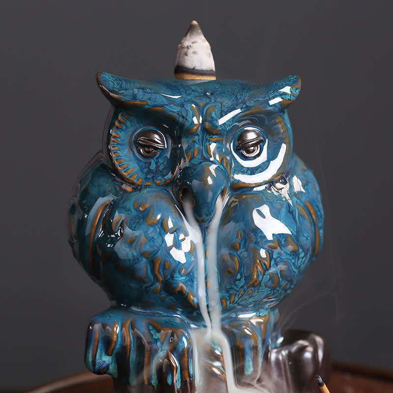 Quemador de incienso curativo para meditación, fuente de humo de reflujo de cerámica, búho bonito, decoración