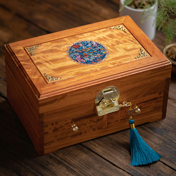Caja de almacenamiento de joyería de palisandro hecha a mano antigua, caja organizadora de regalo de madera con flores de doble capa grande con cerradura