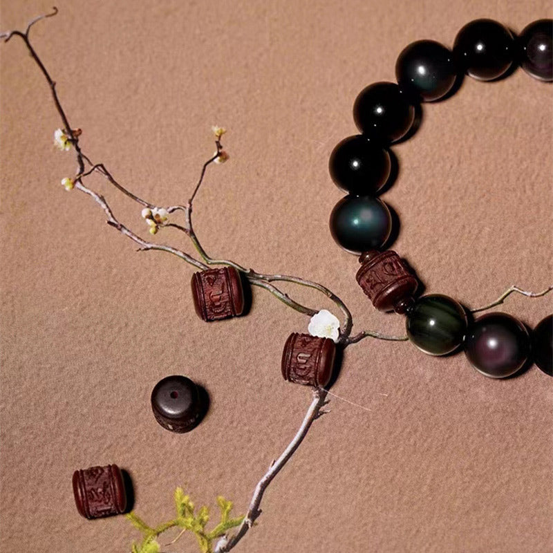 Pulsera curativa con carácter de obsidiana arcoíris de obsidiana con brillo de oro natural con Buddha Stones Om Mani Padme Hum Fu