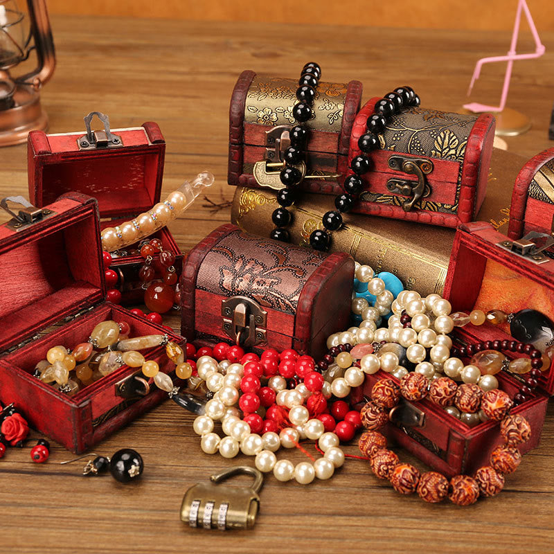 Caja de joyería de madera pequeña Retro con Buddha Stones , caja de almacenamiento de joyería con flor de hierba Narciso, moneda de cobre, uva dorada de loto