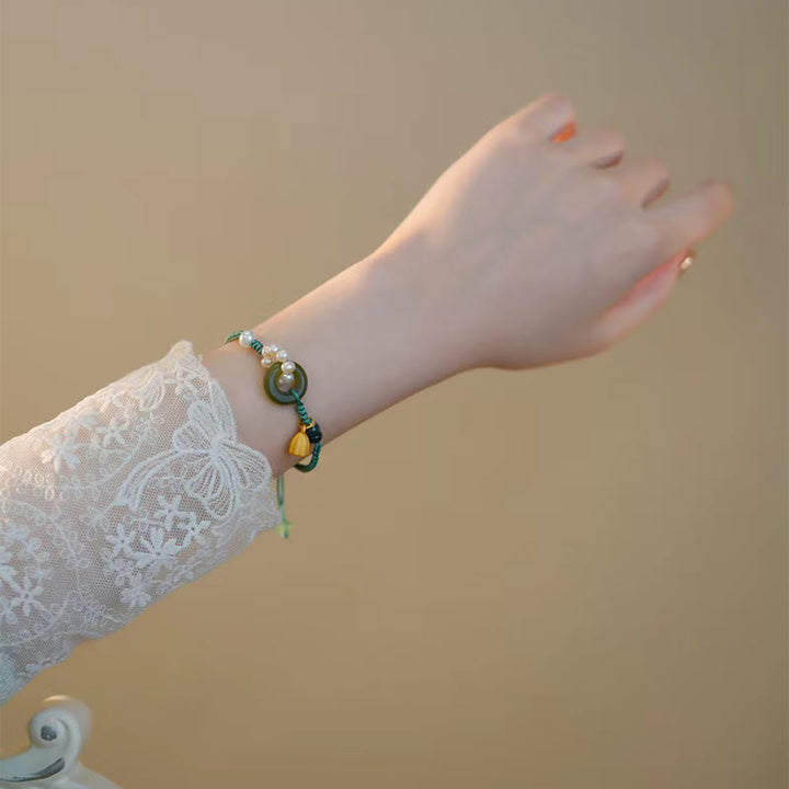 Pulsera trenzada hecha a mano con Buddha Stones, jade hetiano natural, hebilla de la paz, perla de la suerte
