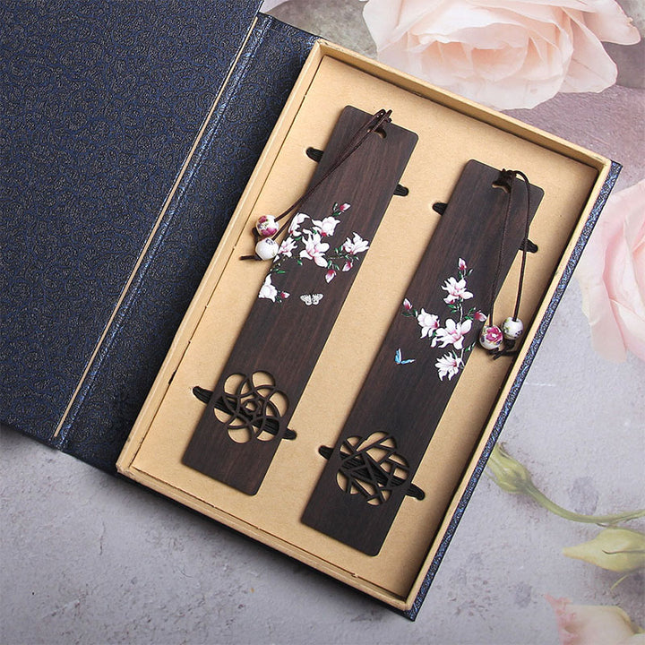 Marcadores de madera de ébano con flores de mariposa y Buddha Stones con caja de regalo