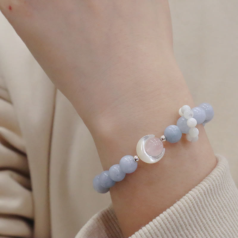 Pulsera de plata de ley 925 con Buddha Stones, amatista natural, aguamarina, cristal rosa, ojo de gato, luna creciente curativa - Aguamarina (Paz♥Serenidad) (Circunferencia de la muñeca 14-16 cm) - image 7