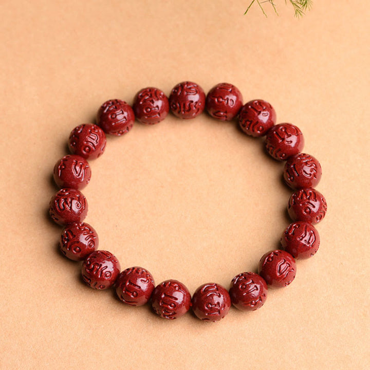 Pulsera de bendición de loto con patrón de traste Om Mani Padme Hum de cinabrio Natural con Buddha Stones
