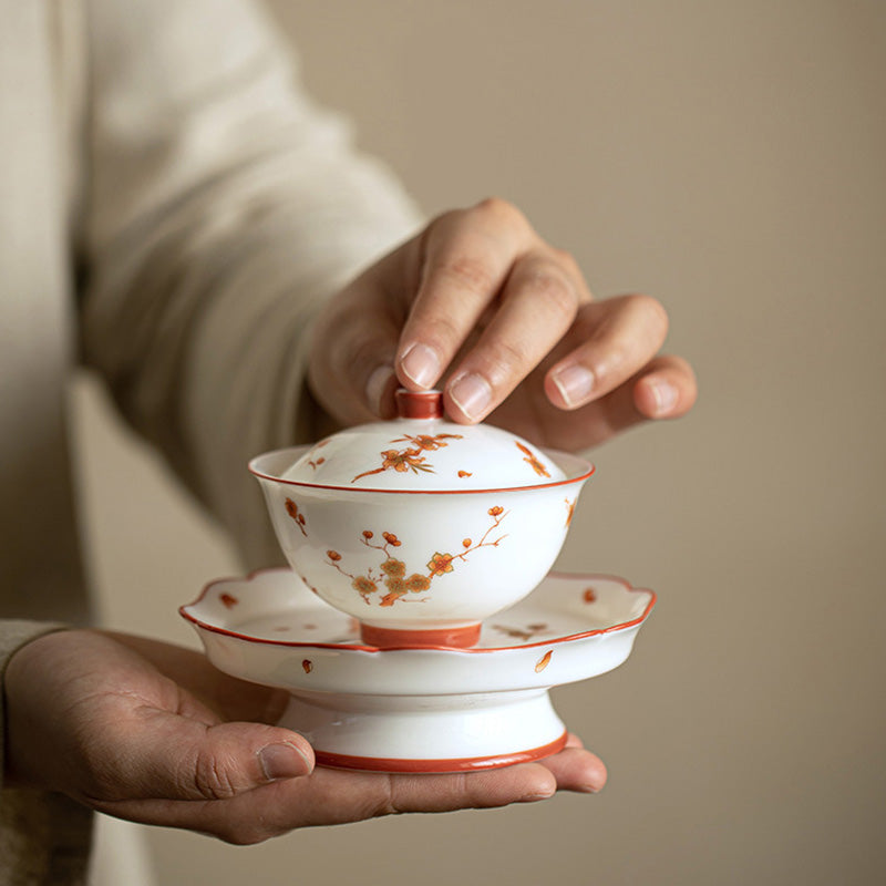 Taza de té y platillo con tapa, Gaiwan Sancai de cerámica, flores de porcelana blanca, Buddha Stones, Kung Fu