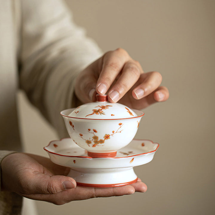 Taza de té y platillo con tapa, Gaiwan Sancai de cerámica, flores de porcelana blanca, Buddha Stones, Kung Fu