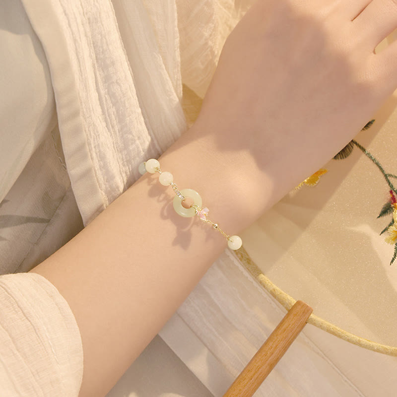 Juego de colgante de collar y pulsera de la suerte de orquídeas con hebilla de la paz de Jade Hetian Natural de plata de ley 925 con Buddha Stones