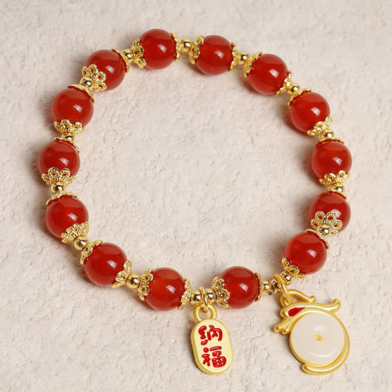 Buddha Stones Año del Dragón Ágata Roja Aventurina Verde Hebilla de la Paz Personaje Fu Pulsera de la Fortuna de la Suerte