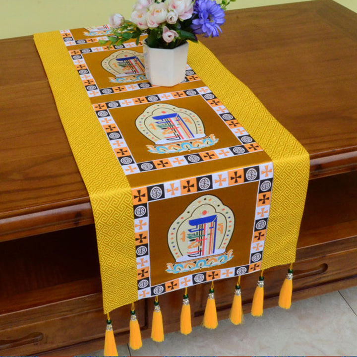 Tapete para altar de oración con Buddha Stones , Man-Bcu, Kalachakra, nudo sin fin, Vajra, símbolos propicios tibetanos, camino de mesa con borlas