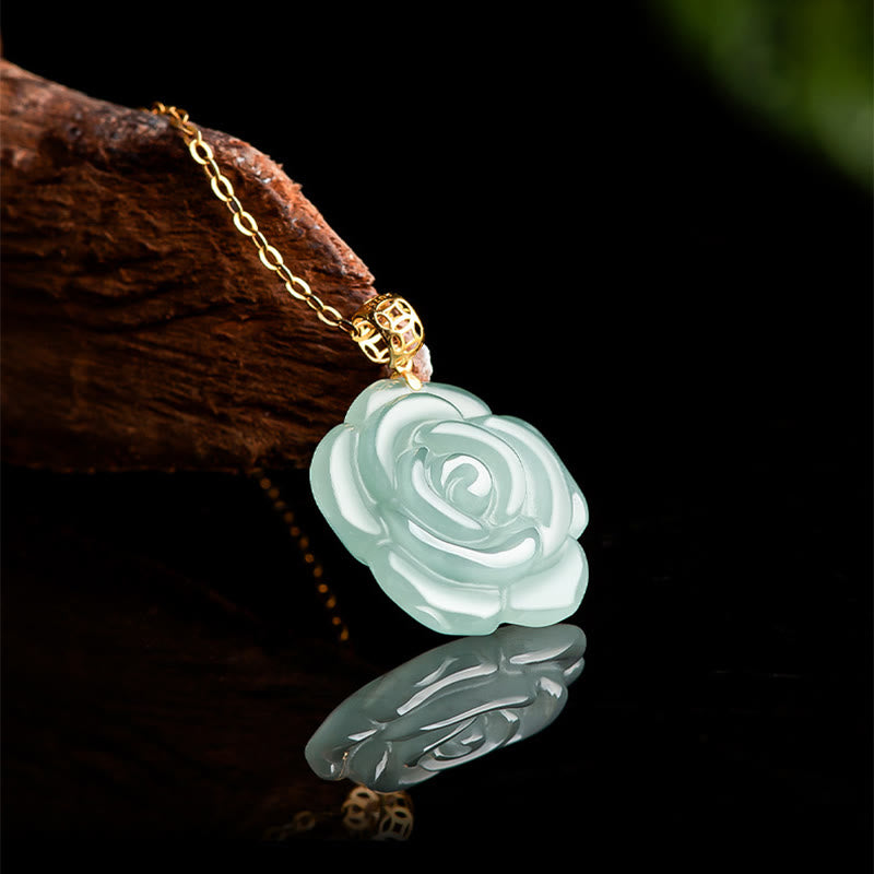Colgante de collar de la suerte de rosa de jade natural de plata de ley 925 de oro de 18 Buddha Stones