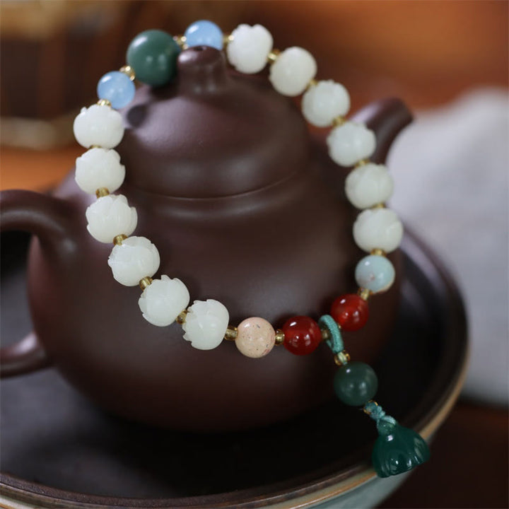 Pulsera de armonía de paz tallada con cuentas de loto y semillas de Bodhi de Buddha Stones