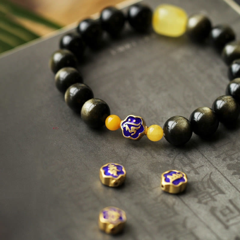 Pulsera de protección de la riqueza, Plata de Ley 925 con Buddha Stones , zodíaco chino, Buda natal, brillo de oro Natural, obsidiana, ámbar