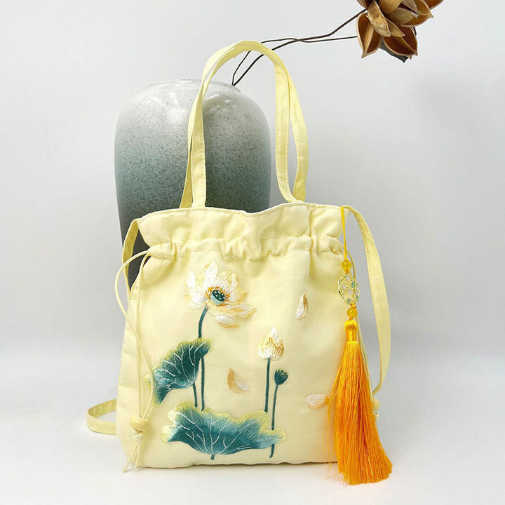 Buddha Stones Lotus Peony Epiphyllum Phoenix Suzhou bordado algodón lino Tote bandolera bolso de hombro bolso